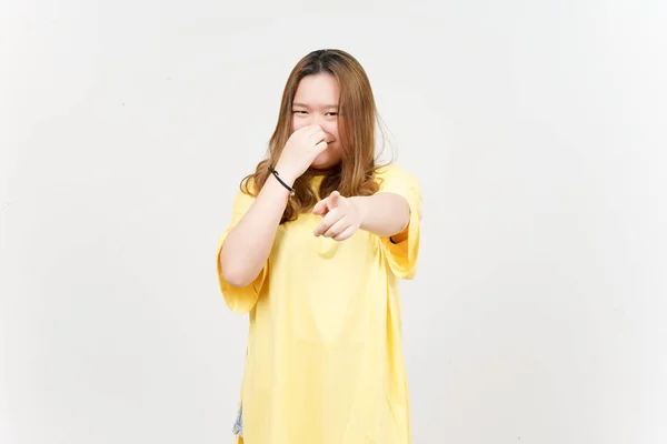 Smelling Something Stinky Disgusting Beautiful Asian Woman Wearing Yellow Shirt — Stok fotoğraf