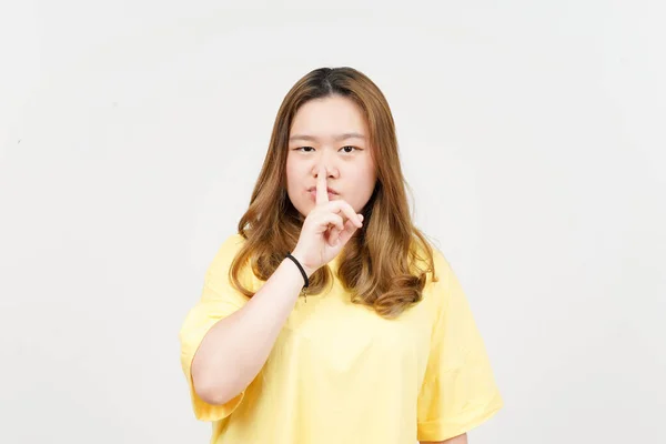 Shh Quiet Beautiful Asian Woman Wearing Yellow Shirt Isolated White — Stok fotoğraf