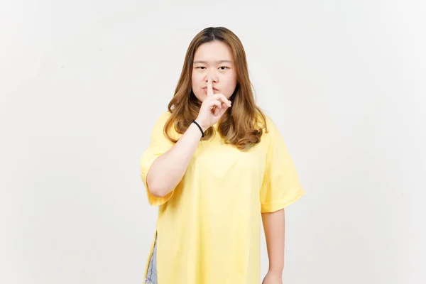Shh Quiet Beautiful Asian Woman Wearing Yellow Shirt Isolated White — Photo