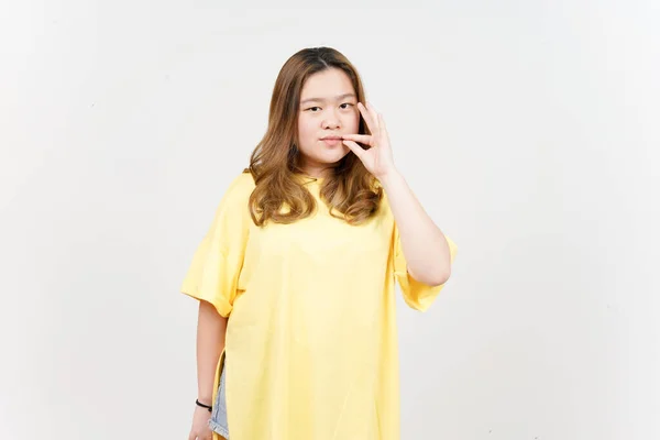 Keep Secret Lip Shut Beautiful Asian Woman Wearing Yellow Shirt — Φωτογραφία Αρχείου