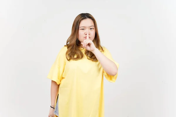 Shh Quiet Beautiful Asian Woman Wearing Yellow Shirt Isolated White — Stock Fotó
