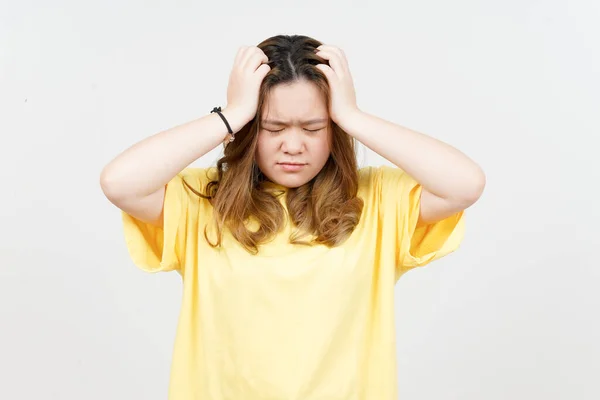 Suffering Headache Beautiful Asian Woman Wearing Yellow Shirt Isolated White — Stock Fotó