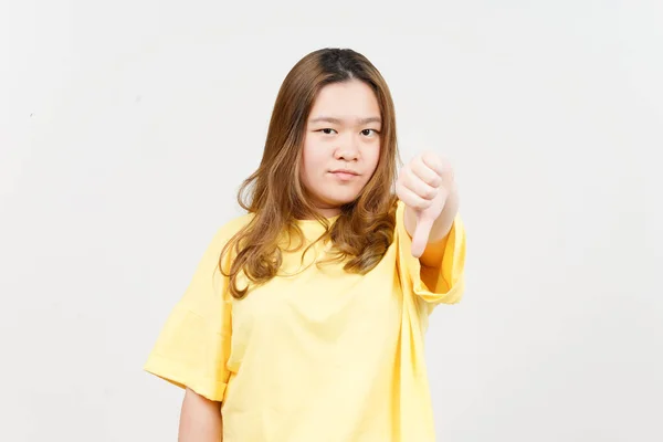 Showing Thumbs Beautiful Asian Woman Wearing Yellow Shirt Isolated White — Fotografia de Stock