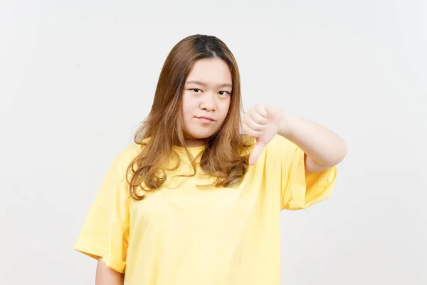 Showing Thumbs Beautiful Asian Woman Wearing Yellow Shirt Isolated White — 스톡 사진