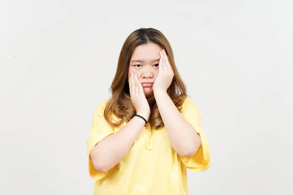 Boring Gesture Expression Beautiful Asian Woman Wearing Yellow Shirt Isolated — Photo