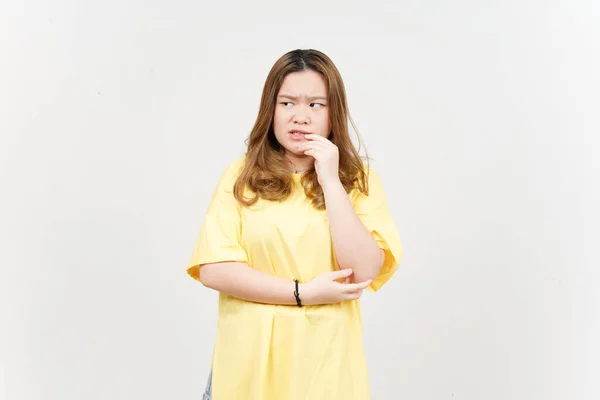 Afraid Nervous Bite Nails Beautiful Asian Woman Wearing Yellow Shirt — Stock Photo, Image
