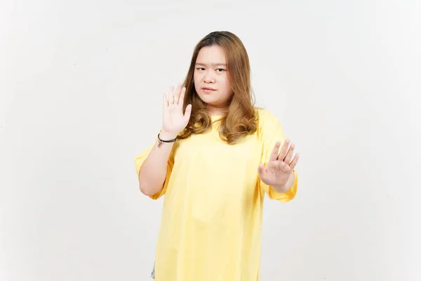 Stop Hand Rejection Gesture Beautiful Asian Woman Wearing Yellow Shirt — 스톡 사진