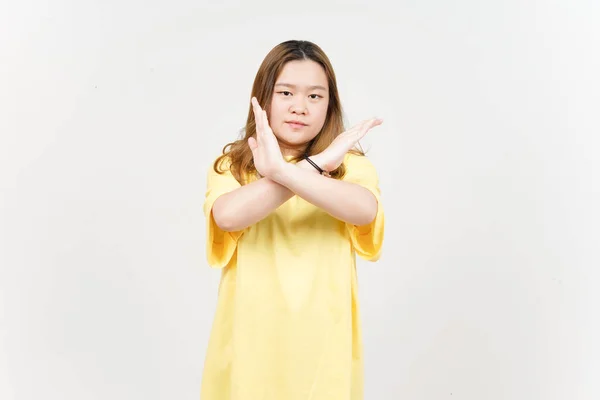 Beyaz Tenli Sarı Tişört Giyen Asyalı Güzel Bir Kadının Işaretini — Stok fotoğraf