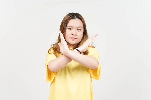 Crossed Hand Rejection Sign Beautiful Asian Woman Wearing Yellow Shirt — Zdjęcie stockowe