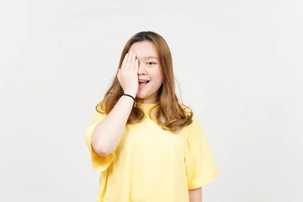 Covering Half Face Beautiful Asian Woman Wearing Yellow Shirt Isolated — Zdjęcie stockowe