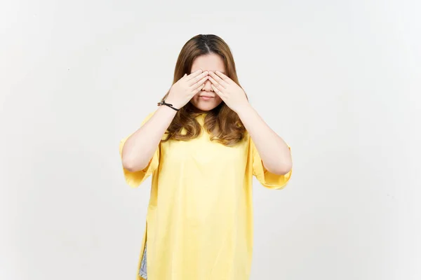 Covering Eyes Beautiful Asian Woman Wearing Yellow Shirt Isolated White — стоковое фото