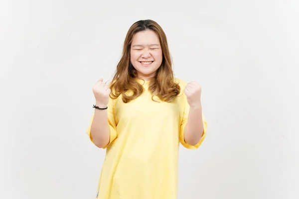 Yes Celebration Gesture Beautiful Asian Woman Wearing Yellow Shirt Isolated — 스톡 사진