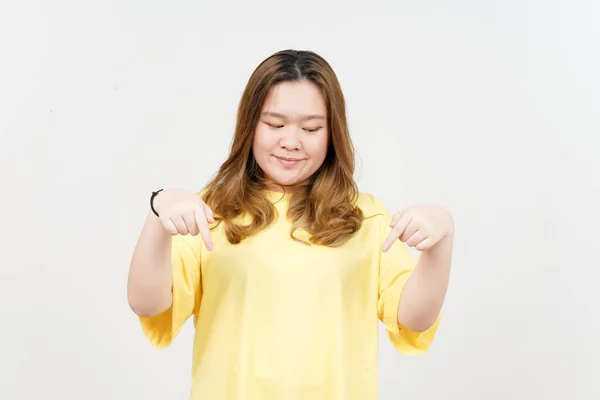 Pointing Showing Blank Copy Space Beautiful Asian Woman Wearing Yellow — Stok fotoğraf