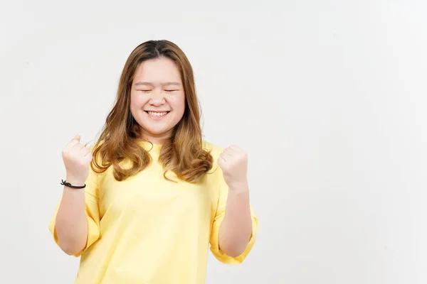Yes Celebration Gesture Beautiful Asian Woman Wearing Yellow Shirt Isolated — Φωτογραφία Αρχείου