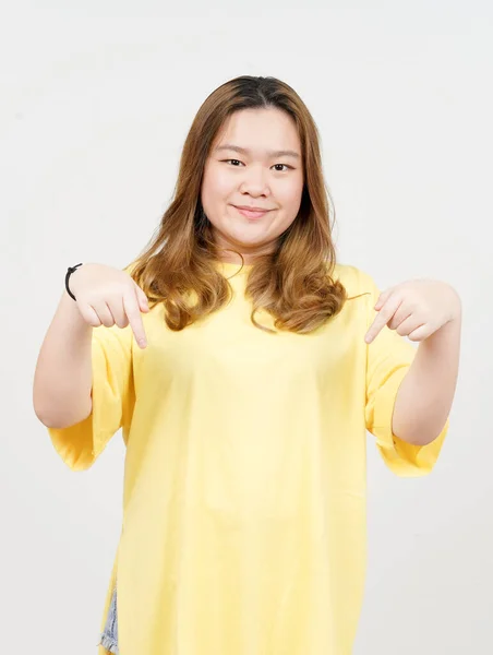 Pointing Showing Blank Copy Space Beautiful Asian Woman Wearing Yellow — Foto Stock