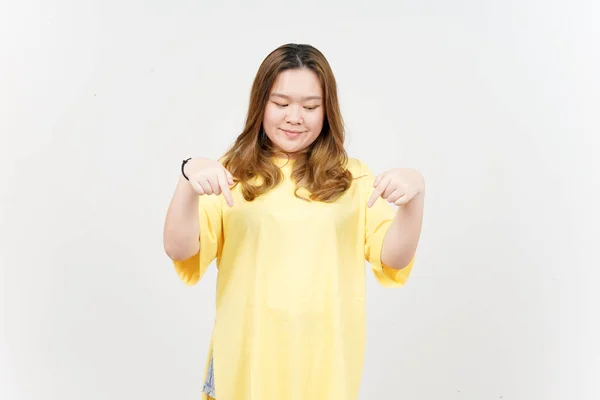 Pointing Showing Blank Copy Space Beautiful Asian Woman Wearing Yellow — Fotografia de Stock