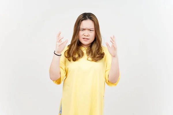 Angry Gesture Beautiful Asian Woman Wearing Yellow Shirt Isolated White — Photo