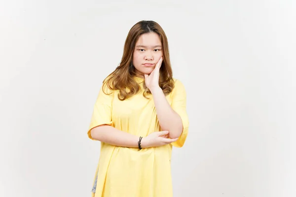 Boring Gesture Expression Beautiful Asian Woman Wearing Yellow Shirt Isolated — Photo