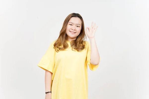 Showing Sign Beautiful Asian Woman Wearing Yellow Shirt Isolated White — 스톡 사진