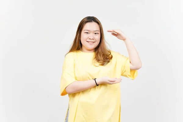 Measuring Showing Big Sign Product Beautiful Asian Woman Wearing Yellow — Fotografia de Stock