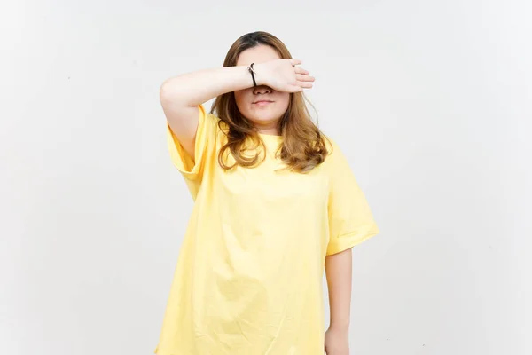 Covering Eyes Using Arms Beautiful Asian Woman Wearing Yellow Shirt — Stock Fotó