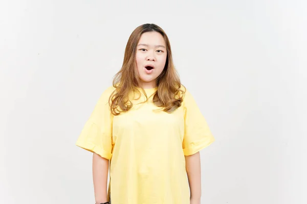 Wow Face Expression Beautiful Asian Woman Wearing Yellow Shirt Isolated — 스톡 사진