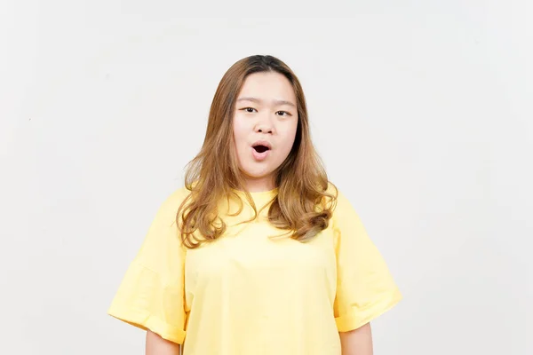 Wow Face Expression Beautiful Asian Woman Wearing Yellow Shirt Isolated — 스톡 사진