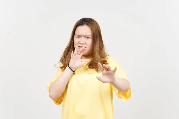 Stop Hand Rejection Gesture Beautiful Asian Woman Wearing Yellow Shirt —  Fotos de Stock