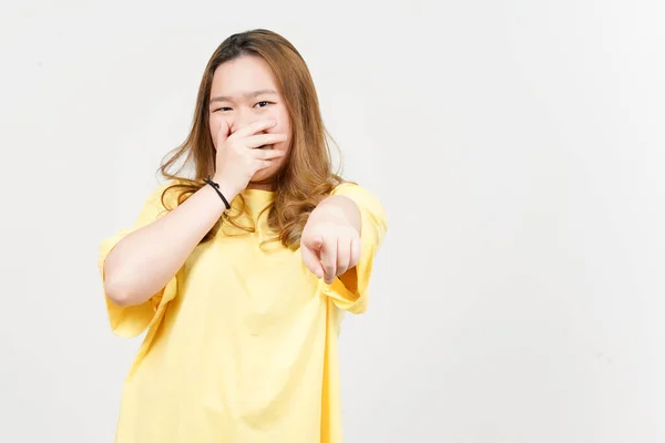 Laughing Pointing Camera Beautiful Asian Woman Wearing Yellow Shirt Isolated — Stok fotoğraf