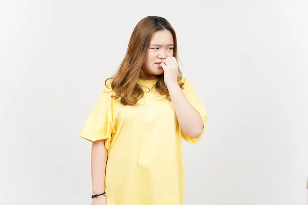 Afraid Nervous Bite Nails Beautiful Asian Woman Wearing Yellow Shirt — Stock Fotó