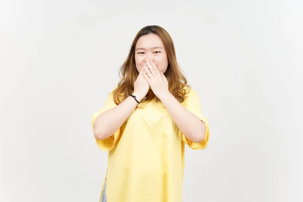 Covering Mouth Laugh Beautiful Asian Woman Wearing Yellow Shirt Isolated — Stockfoto