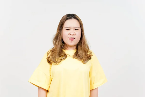 Sticking Her Tongue Out Beautiful Asian Woman Wearing Yellow Shirt — Stock Photo, Image