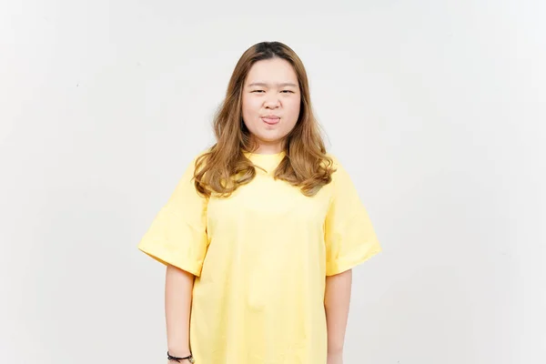 Sticking Her Tongue Out Beautiful Asian Woman Wearing Yellow Shirt — Fotografia de Stock