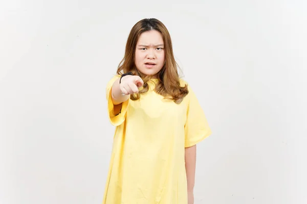 Angry Expression Pointing Camera Beautiful Asian Woman Wearing Yellow Shirt — Stock Fotó