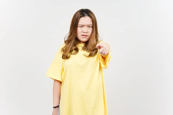 Angry Expression Pointing Camera Beautiful Asian Woman Wearing Yellow Shirt — Fotografia de Stock