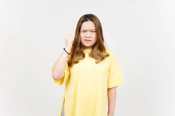 Angry Gesture Beautiful Asian Woman Wearing Yellow Shirt Isolated White — Stock Photo, Image