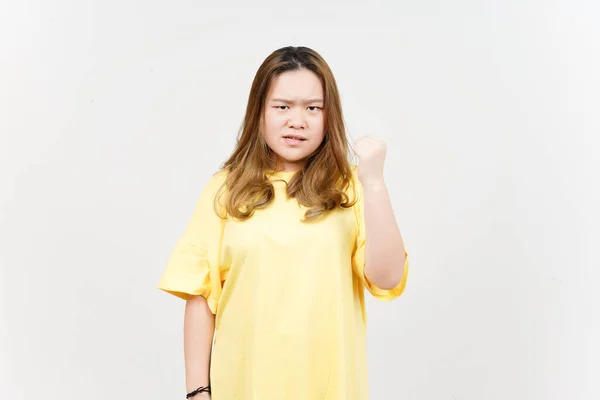 Angry Gesture Beautiful Asian Woman Wearing Yellow Shirt Isolated White — Stok fotoğraf