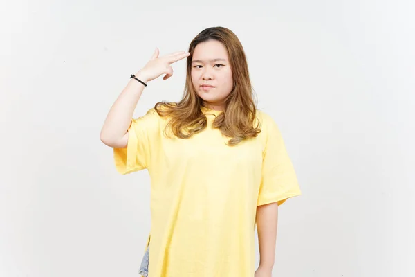 Gun Finger Head Beautiful Asian Woman Wearing Yellow Shirt Isolated — Stockfoto