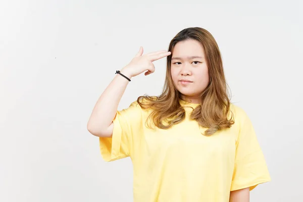 Gun Finger Head Beautiful Asian Woman Wearing Yellow Shirt Isolated — Foto Stock