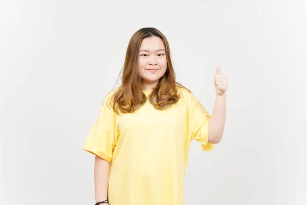 Smile Showing Thumbs Beautiful Asian Woman Wearing Yellow Shirt Isolated — ストック写真