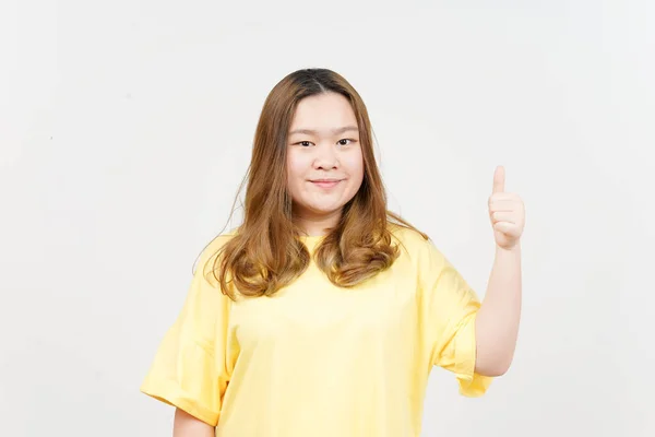 Beyaz Tişörtlü Sarı Giysili Güzel Asyalı Kadının Gülümsemesi Baş Parmağını — Stok fotoğraf