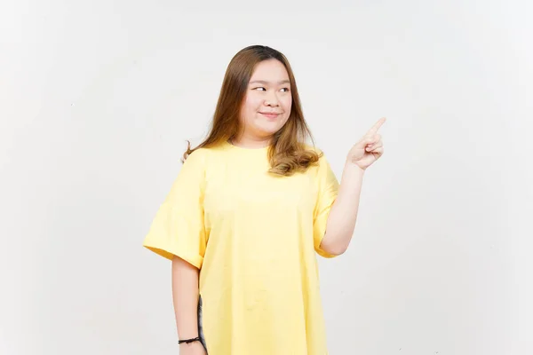 Showing Product Pointing Side Beautiful Asian Woman Wearing Yellow Shirt — Stock Fotó