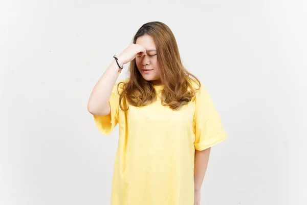 Suffering Headache Beautiful Asian Woman Wearing Yellow Shirt Isolated White — 图库照片
