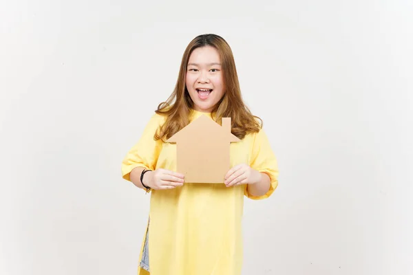 Holding Cutout House Beautiful Asian Woman Wearing Yellow Shirt Isolated — Stock Photo, Image