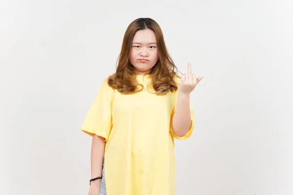 Showing Fuck Hand Beautiful Asian Woman Wearing Yellow Shirt Isolated — Stockfoto