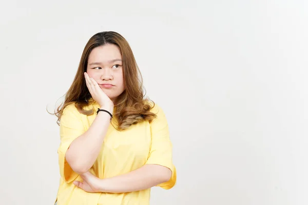 Boring Gesture Beautiful Asian Woman Wearing Yellow Shirt Isolated White —  Fotos de Stock