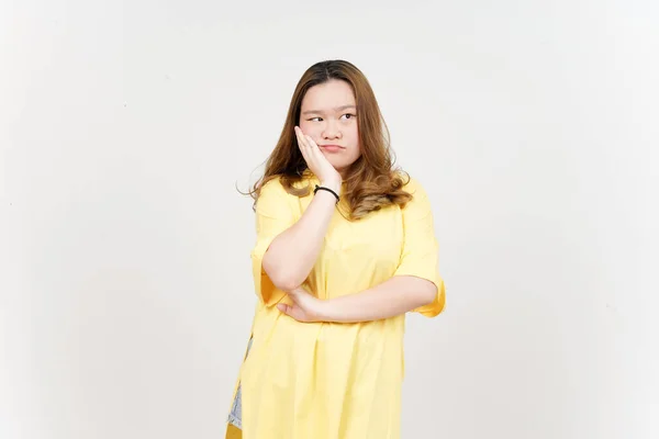 Boring Gesture Beautiful Asian Woman Wearing Yellow Shirt Isolated White — Stockfoto