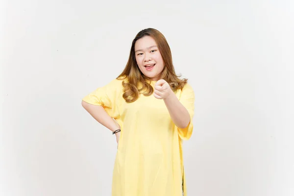 Smiling Pointing You Beautiful Asian Woman Wearing Yellow Shirt Isolated — Photo