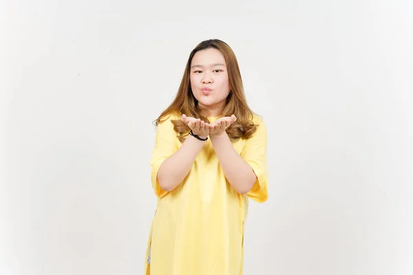 Blowing Kiss Beautiful Asian Woman Wearing Yellow Shirt Isolated White — Stock Photo, Image