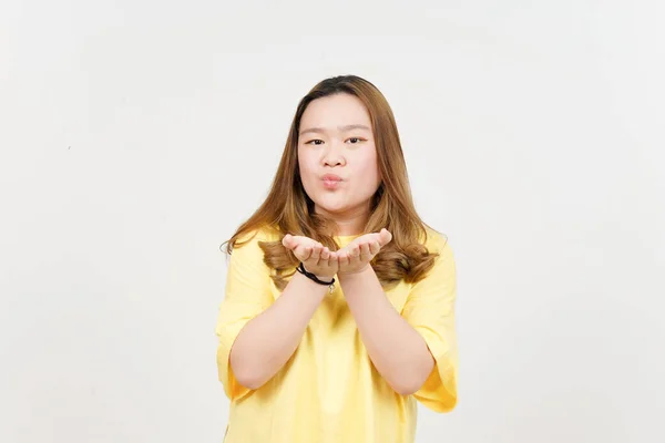 Blowing Kiss Beautiful Asian Woman Wearing Yellow Shirt Isolated White — 스톡 사진